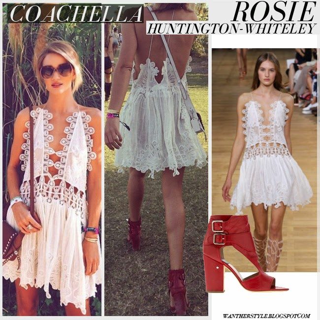 rosie huntington whiteley in white crochet mini dress from chloe and red sandals at coachella festival april 13 2015 what she wore festival fashion