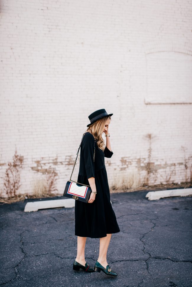 black-dress-that-goes-with-everthing-green-gucci-loafers-red-white-blue-chanel-boy-bag