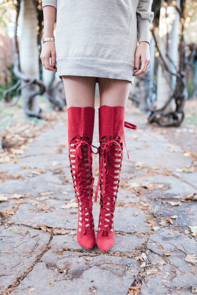 red dress knee high boots