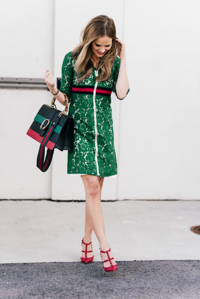 High end and affordable Stripe Dionysus and Green Lace Dress The Fashion Fuse