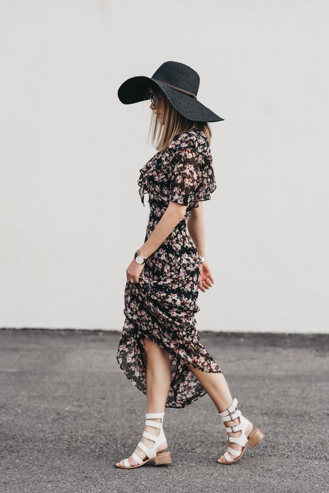 Black floral ruffle maxi under two hundred dollars