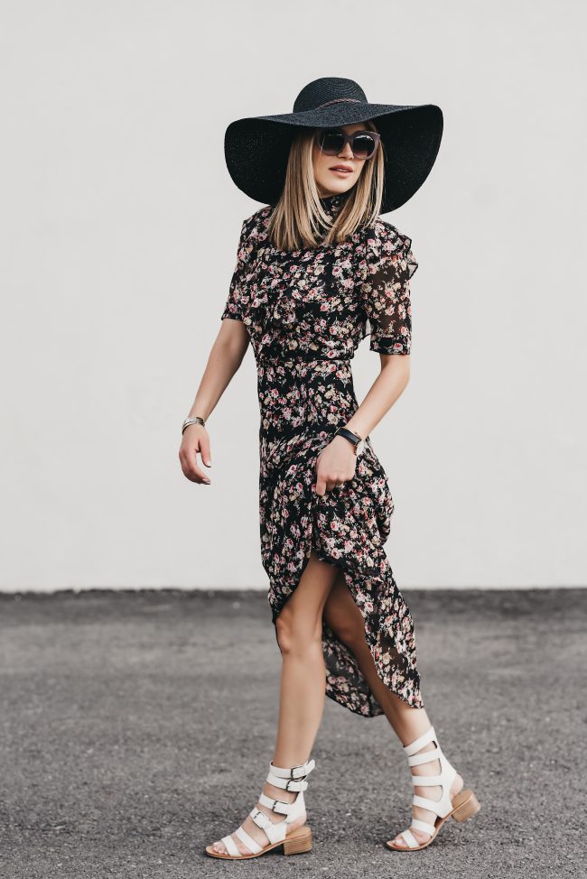 Black floral ruffle maxi under two hundred dollars