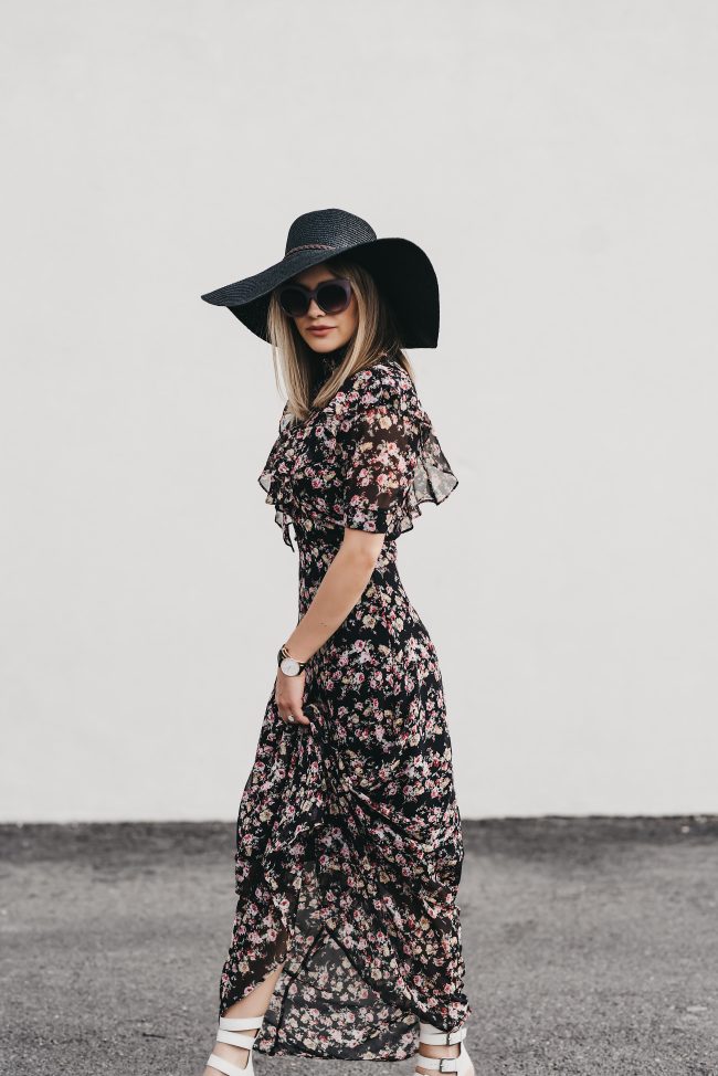 Black floral ruffle maxi under two hundred dollars