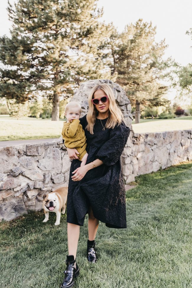 simone-rocha-black-sleeve-dress-with-balencigaga-biker-boots