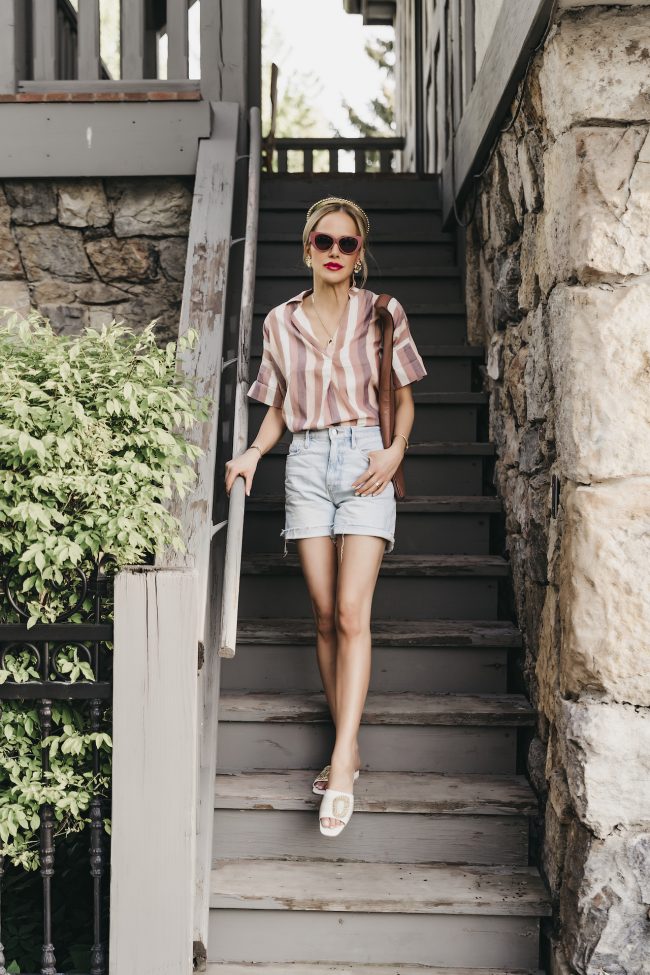 madewell-stripe-collared-top-with-denim-shorts