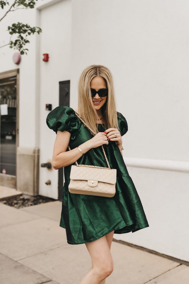 small-beige-classic-chanel-bag-styled-with-green-dress