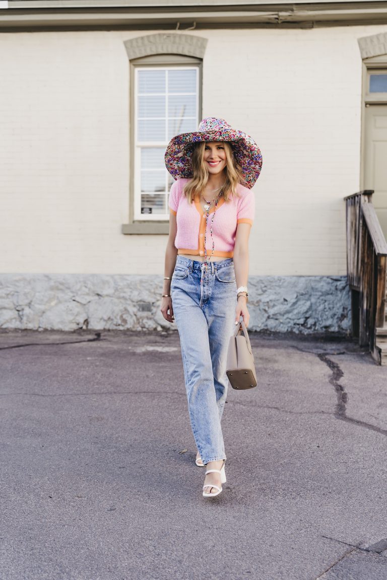trending floral bucket hats to wear in the summertime with a cropped sweater and denim
