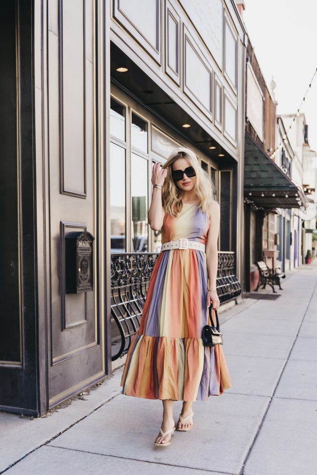 Colorful summer style wearing a rainbow maxi sundress and multicolor statement dresses