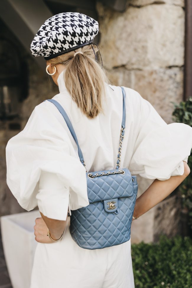 baby-blue-chanel-backpack-with-houndstooth-beret