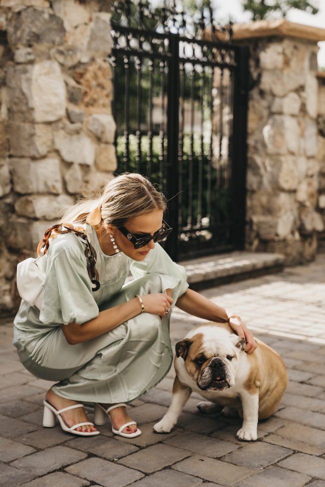 fashion-infuencer-shoot-with-english-bulldog-satin-tea-dress