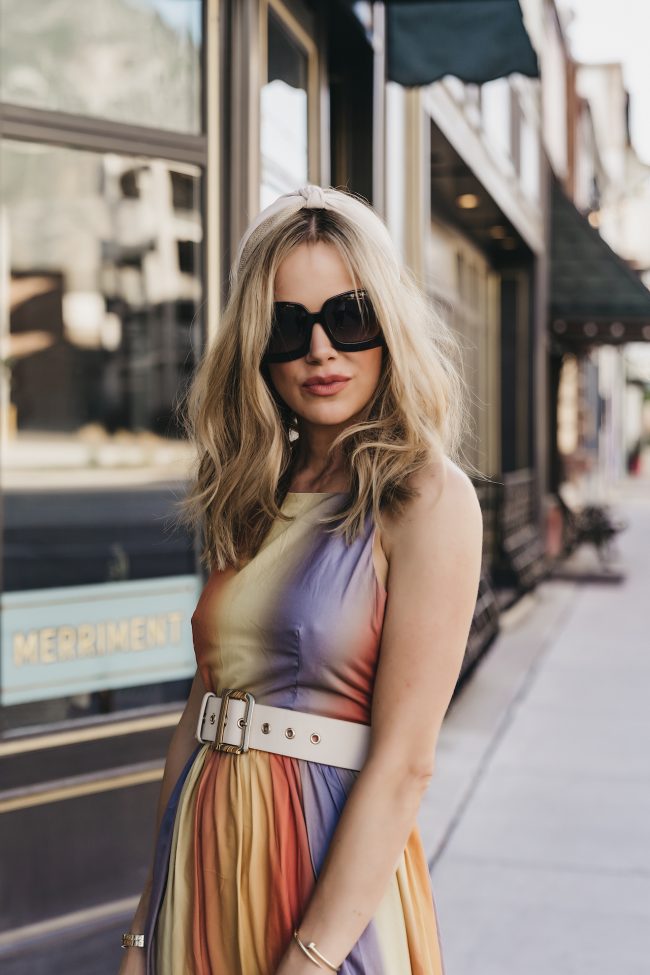 Fashion blogger wearing Tom Ford sunglasses and a rainbow maxi dress for summer