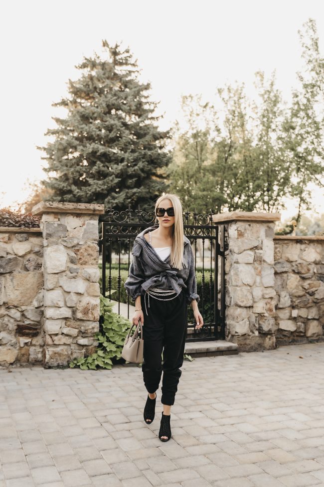 Loungewear with an edge featuring Angela Roi bag and black joggers 