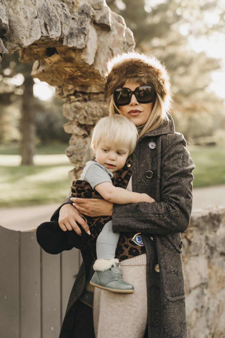 Utah fashion blogger and baby wearing a season transitional outfit for fall and winter