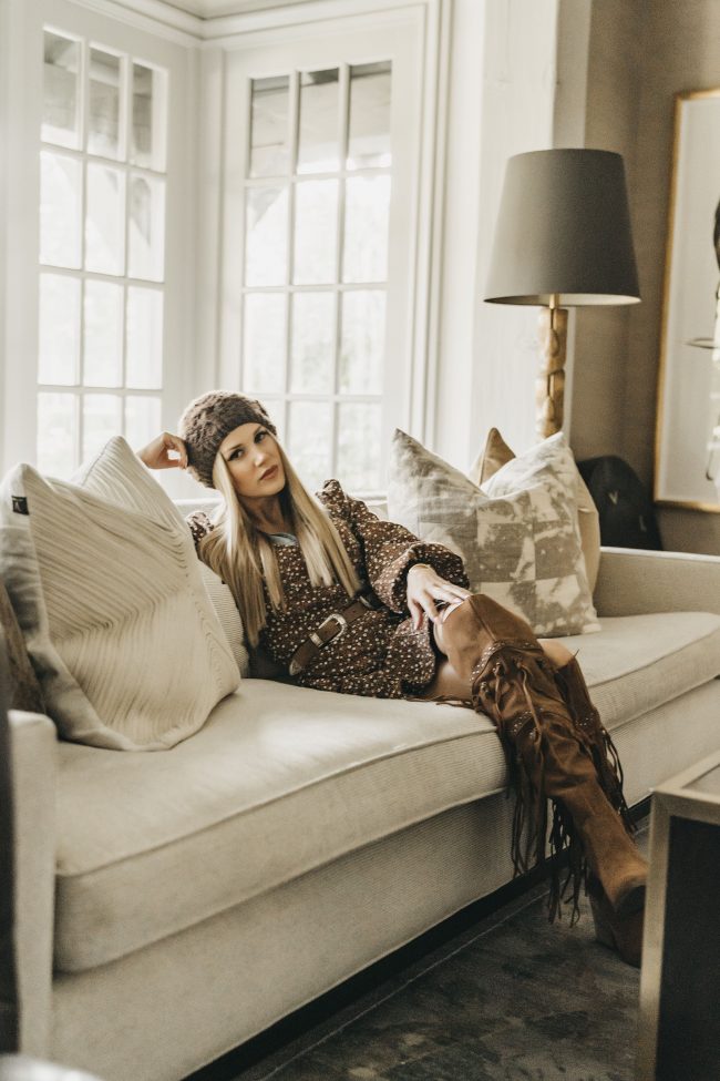 SLC Utah fashion blogger wearing brown fringe boots and a brown dress